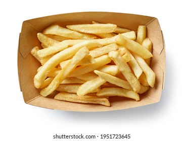 french fries in cardboard container isolated on white background, top view