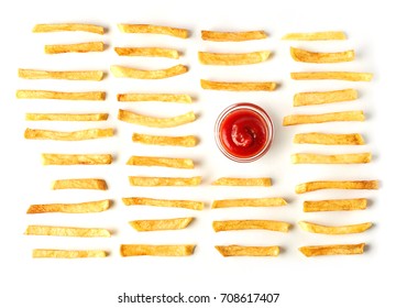 French Fries With Catchup Isolated On White Background. Top Flat View.