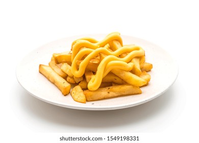 French Fries With Cheese Isolated On White Background