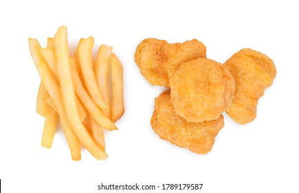 French Fries And Chicken Nuggets Isolated On White Background. Top View