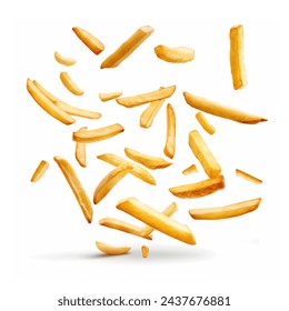 French fries flying in air, isolated on white background. Potato chips floating.