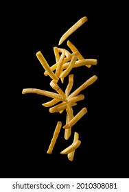 French fries - fried potatoes flying. Fly fastfood isolated on black background. - Shutterstock ID 2010308081