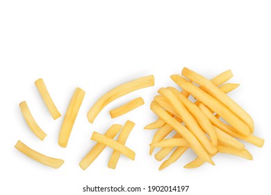 French fries or fried potatoes isolated on white background with clipping path . Top view with copy space for your text. Flat lay