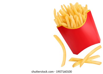 French fries or fried potatoes isolated on white background with clipping path . Top view with copy space for your text. Flat lay