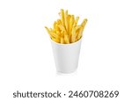 French fries or fried potatoes in a red carton box isolated on white background