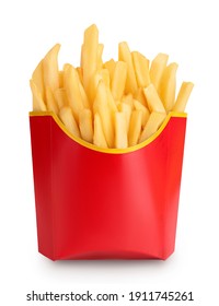 Patatas fritas o patatas fritas en una caja de cartón roja aislada sobre fondo blanco con senda de recorte y profundidad completa del campo