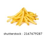 French Fries Isolated. Fried Potato Sticks with Skin, Golden Fries Pile, Roasted Potatoes Heap, Finger Chips, Frites on White Background Side View