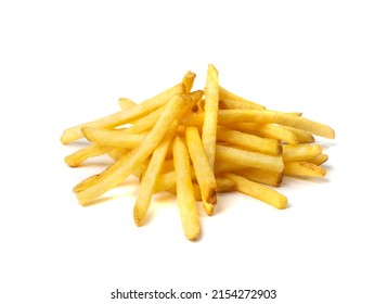 French Fries Isolated. Fried Potato Sticks with Skin, Golden Fries Pile, Roasted Potatoes Heap, Finger Chips, Frites on White Background Side View