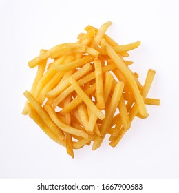 French fries isolated on a white background, top view.