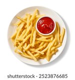 french fries and ketchup isolated on white background, top view