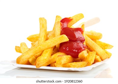 French Fries with Ketchup isolated on white Background - Shutterstock ID 1920812360