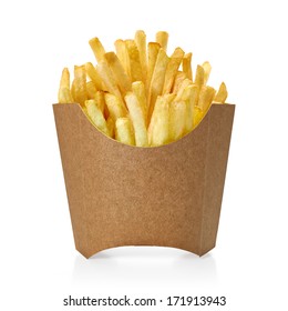 French Fries In Kraft Blank Paper Fry Box Mockup Or Mock Up Template Isolated On White Background