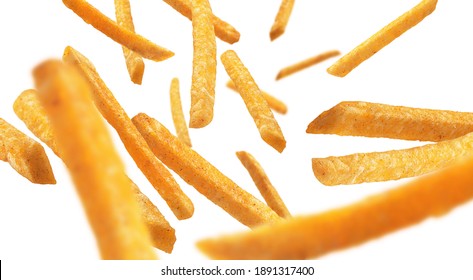 French fries levitate on a white background