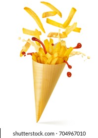 french fries, mayo and ketchup spilling out of a paper cone 