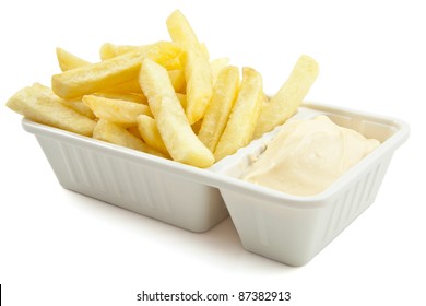 French Fries With Mayonaise On A White Background