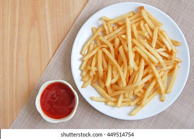 French Fries On White Plate With Ketchup