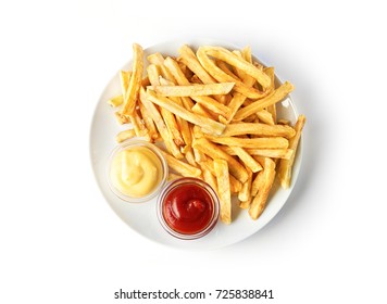 French Fries On White Plate With Ketchup And Cheese Sauce Isolated On White Background. Top View.