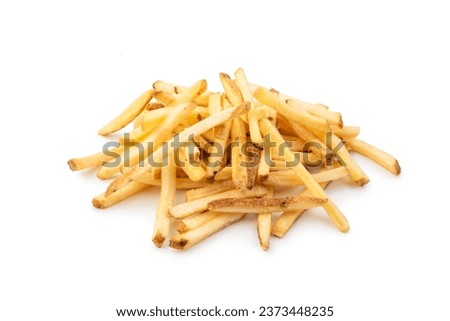 French fries pile on white background.