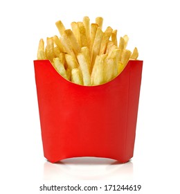 French Fries In Red Fry Box Isolated On White Background