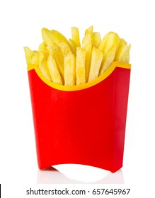 French Fries In Red Fry Box On White Background