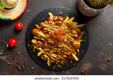 French Fries With Sausage, Cheese Sauce, Salsa And Meat, Chile Con Carne, Mexican Style Top View