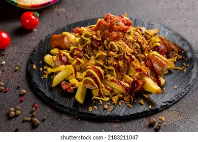 French Fries With Sausage, Cheese Sauce, Salsa And Meat, Chile Con Carne, Mexican Style