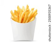 French fries in a white paper box isolated on white background.