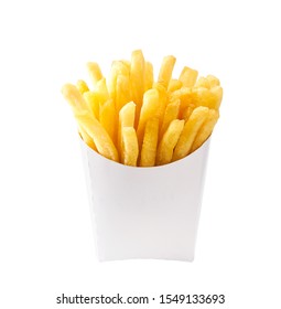 French fries in a white paper box isolated on white background. Front view. french fries in a paper wrapper . - Shutterstock ID 1549133693