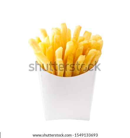 French fries in a white paper box isolated on white background. Front view. french fries in a paper wrapper .