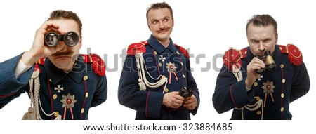 French general with beautiful mustache with binoculars. Isolated on white.