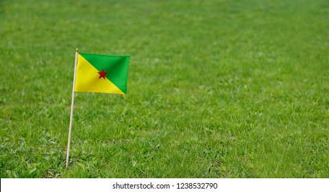 French Guiana flag. Photo of French Guiana flag on a green grass lawn background. Close up of national flag waving outdoors. - Powered by Shutterstock