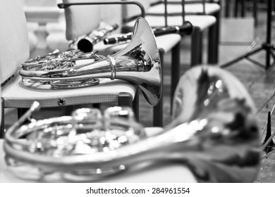 French Horn In The Concert Hall. Wind Instrument. French Horn. Horn. Concert Of Classical Music. Large Symphony Orchestra