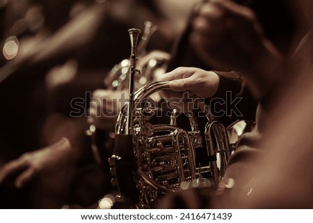 French horn in the hands of a musician in an orchestra close-up in dark colors