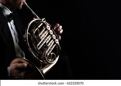 French Horn Instrument. Player Hands Playing Horn Music Brass Instrument