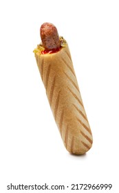 French Hotdog With Sauce And Pickles On White Background