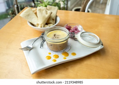 French Liver Pâté In A Glass Jar. Festive Serving Of Liver Pate