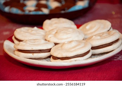 French macaron. Macaroon cookie. Sweet French macaroon. Sweet tooth. Yummy Christmas. Homemade yummy cookie. Xmas eve with family at home. Macaron dessert for Christmas on plate. - Powered by Shutterstock