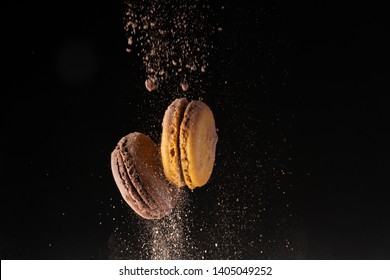 French Macaroni With Cocoa Powder On A Black Background, Confectionery Background