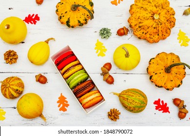 French Macarons In Autumn Colors. Halloween Dessert, Thanksgiving Menu. Decorative Pumpkins, Fall Leaves And Acorns. White Wooden Boards Background, Top View