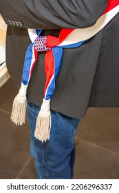 French Man Mayor Tricolor Blue White Red Scarf During An Official Celebration In France City Hall