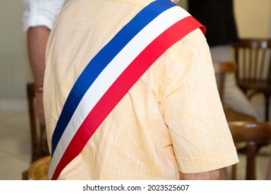 French Man With Official Tricolor Scarf Flag Of Mayor During Celebration In Town Hall France