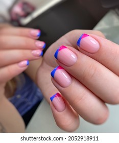 French Manicure With Blue And Neon Pink Stripes, Summer Manicure, Nails Salon And Beauty Salon Elegance Banner