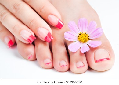 French Manicure And Pedicure  Relaxing With Flowers