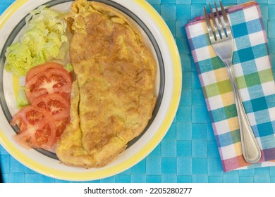 French Omelette With Tomato And Lettuce, Top View