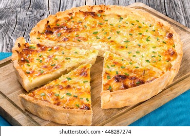 French Onion Cheese Quiche Or Tart Cut Into Pieces, View From Above, Close-up