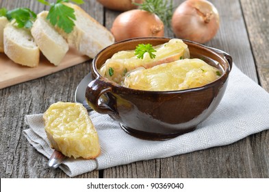 French Onion Soup With Cheese Gratinated Baguette