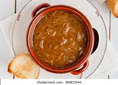 French Onion Soup A Healthy Reduced Fat Version With Plain Toasted Croutons Top Down View