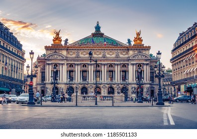 French Opera in Paris, France.  Scenic skyline against sunset sky. Travel background.