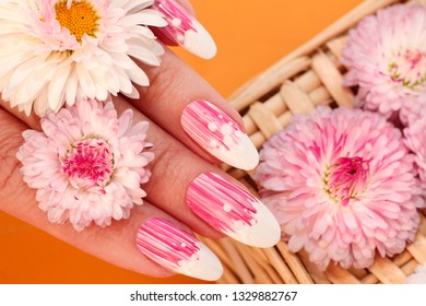 French oval manicure and striped gradient in pink tones  Summer flower nail design close  up 