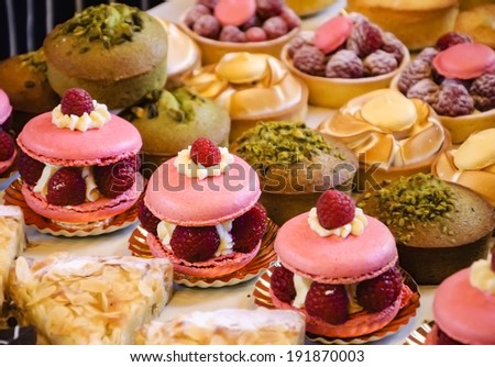 French pastries on display on a confectionery stall at the famous Borough Market (London, England).